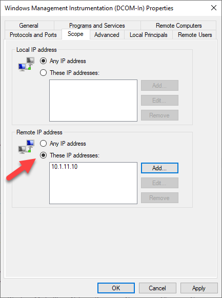 Screenshot: Windows Defender Firewall with Advanced Security Inbound Rules with Windows Management Instrumentation (DCOM-In) rule properties. 