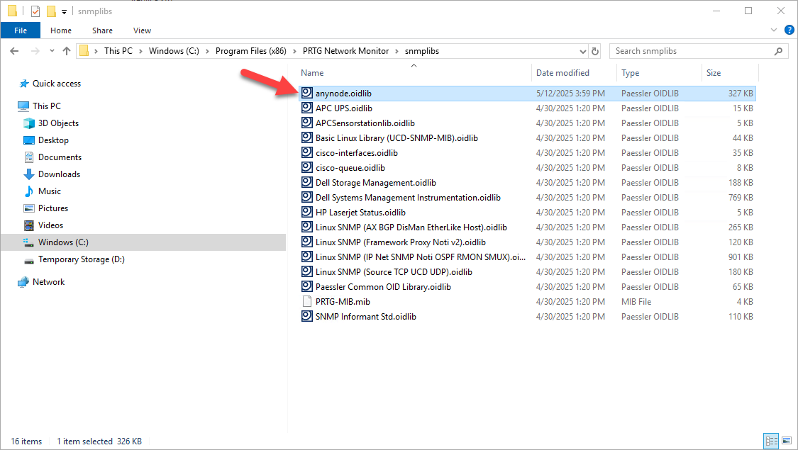 Screenshot: Windows Eplorer with PRTG Network Monitor SNMPLIBS folder. 