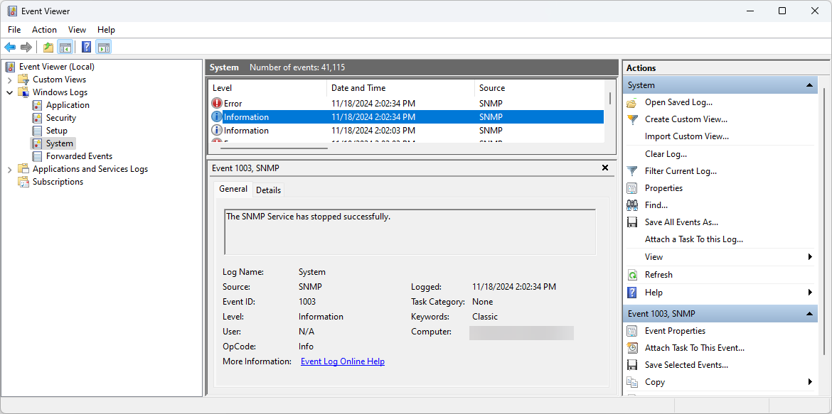 Screenshot: Windows Event Viewer with SNMP messages.
