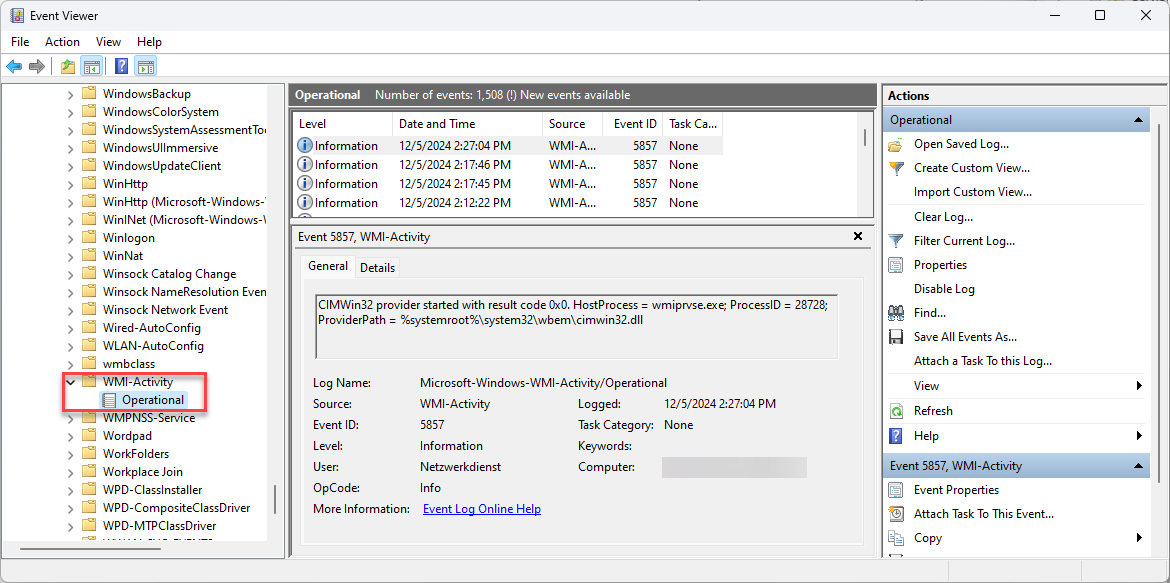Screenshot: Windows Event Viewer with WMI-Activity. 