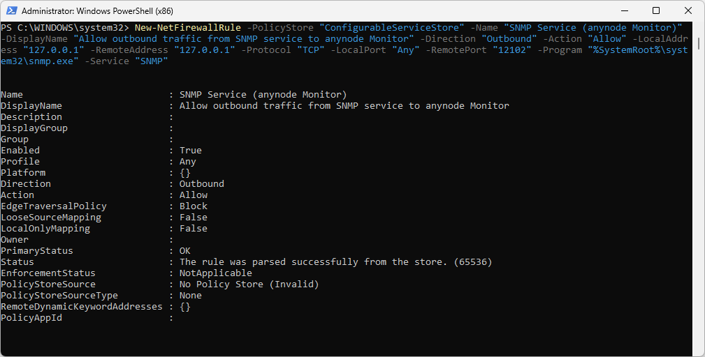Screenshot: Windows PowerShell command to allow communication with the anynode monitor.
