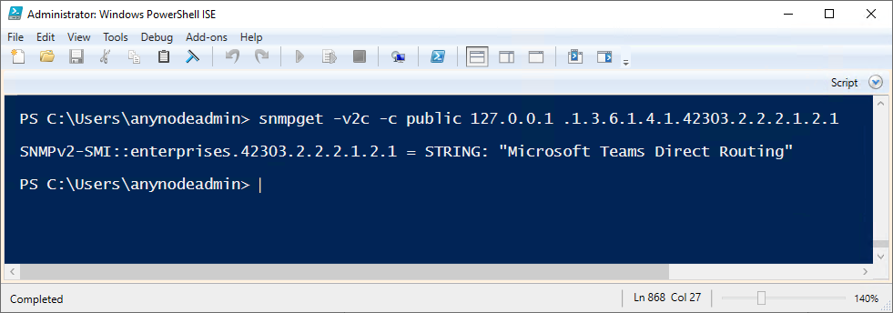  Screenshot: Windows PowerShell ISE command displaying information about the name for node instance 1 in anynode.