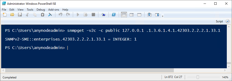  Screenshot: Windows PowerShell ISE command displaying information about the operational state for node instance 1 in anynode. 
