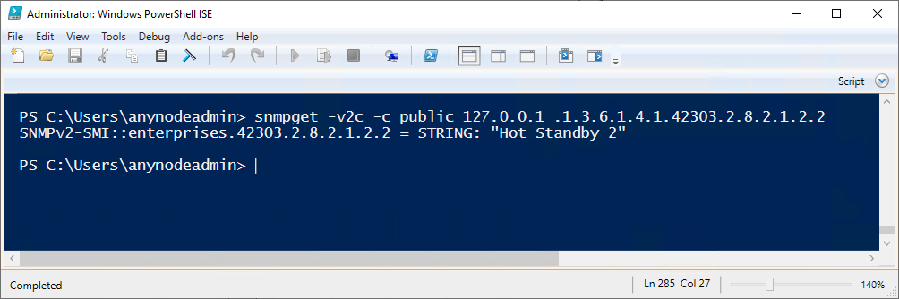  Screenshot: Windows PowerShell ISE command displaying information about the name for hot standby instance 2, which corresponds to the second hot standby object configured in anynode. 