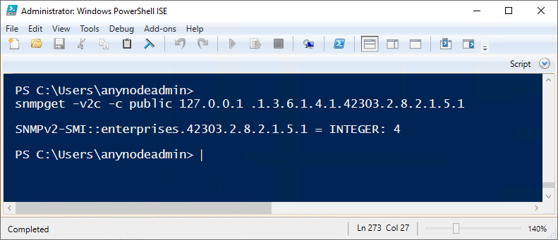  Screenshot: Windows PowerShell ISE command displaying information about the hot standby link status for hot standby instance 1, which corresponds to the first hot standby object configured in anynode, showing that the link status is active.