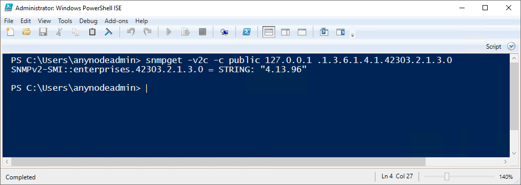  Screenshot: Windows PowerShell ISE command displaying information about the anynode version number.