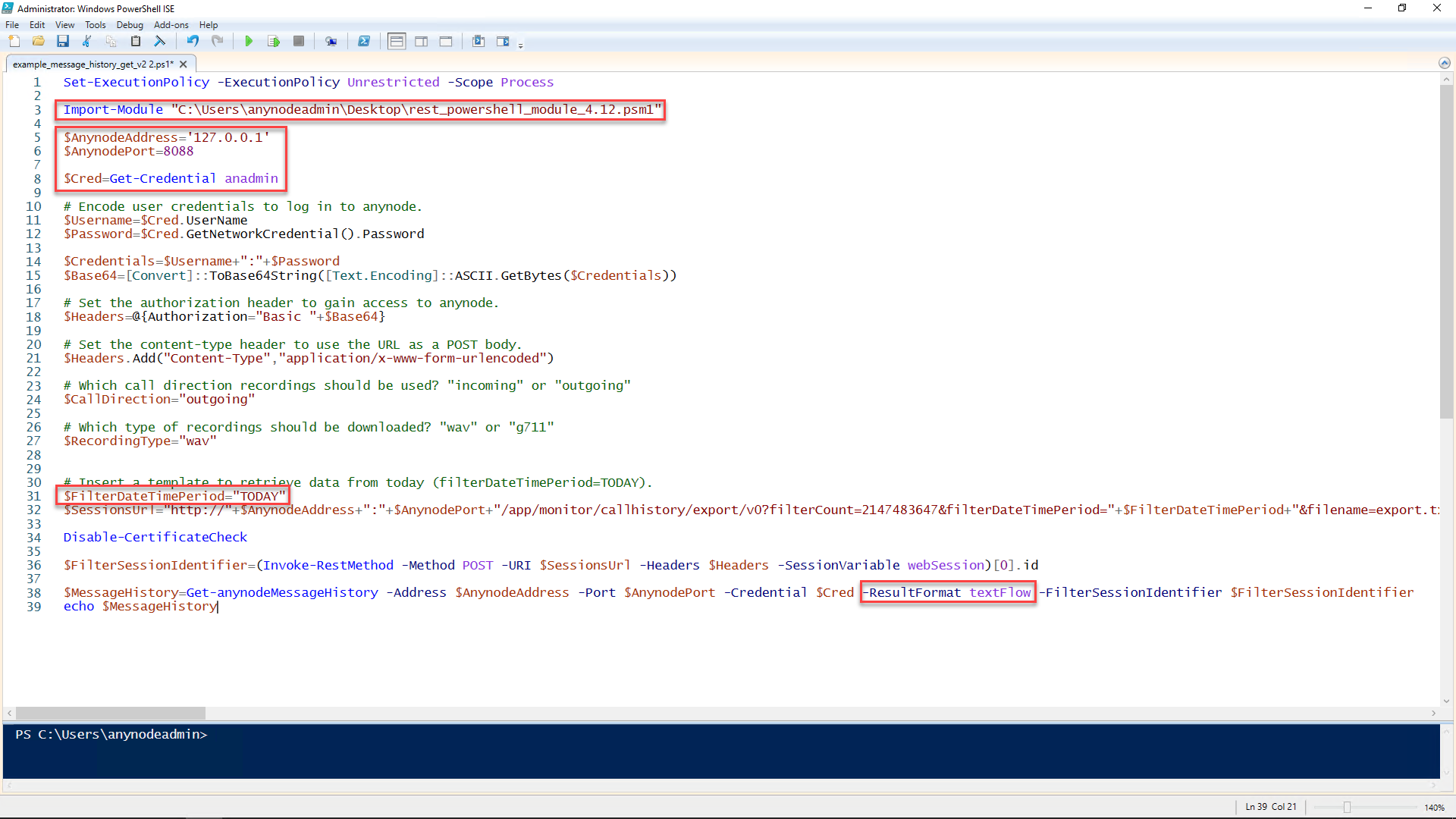 Screenshot: Windows PowerShell ISE with example script for retrieving a SIP Flow in text format from anynode. 