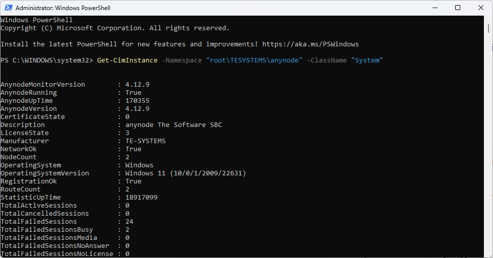 Screenshot: Windows PowerShell with classes for System in root\TESYSTEMS\anynode.