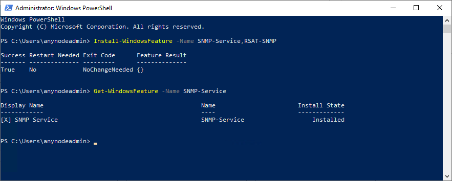 Screenshot: Windows PowerShell with installed SNMP service.