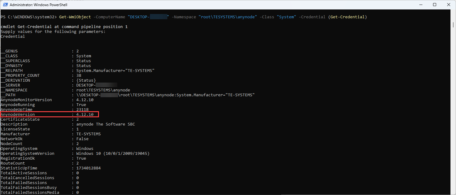 Screenshot: Windows PowerShell with WMI remote command to display all properties and their values from the System class. 