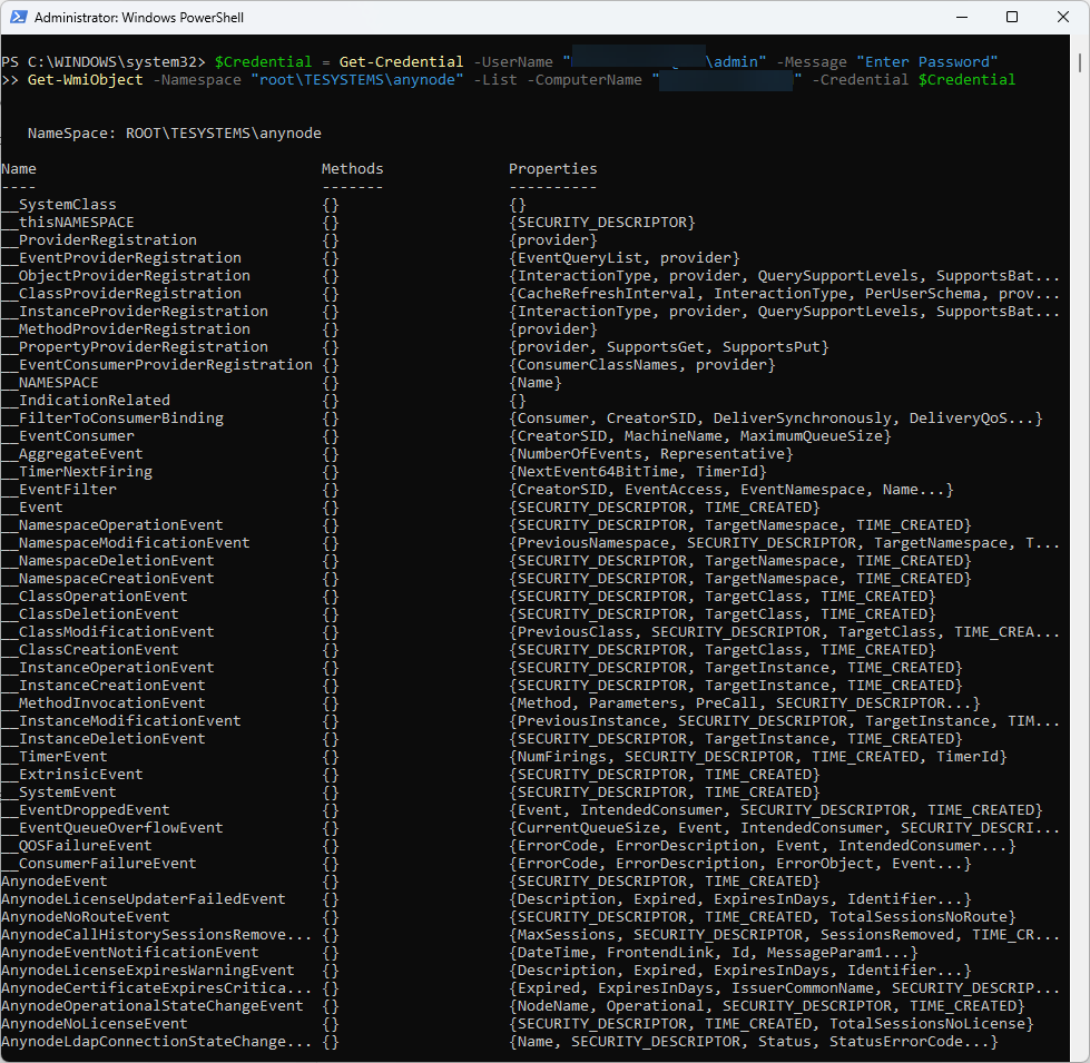 Screenshot: Windows PowerShell with WMI remote query to anynode.
