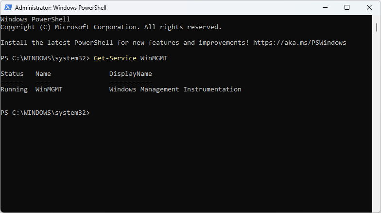 Screenshot: Windows PowerShell with WMI service status check. 