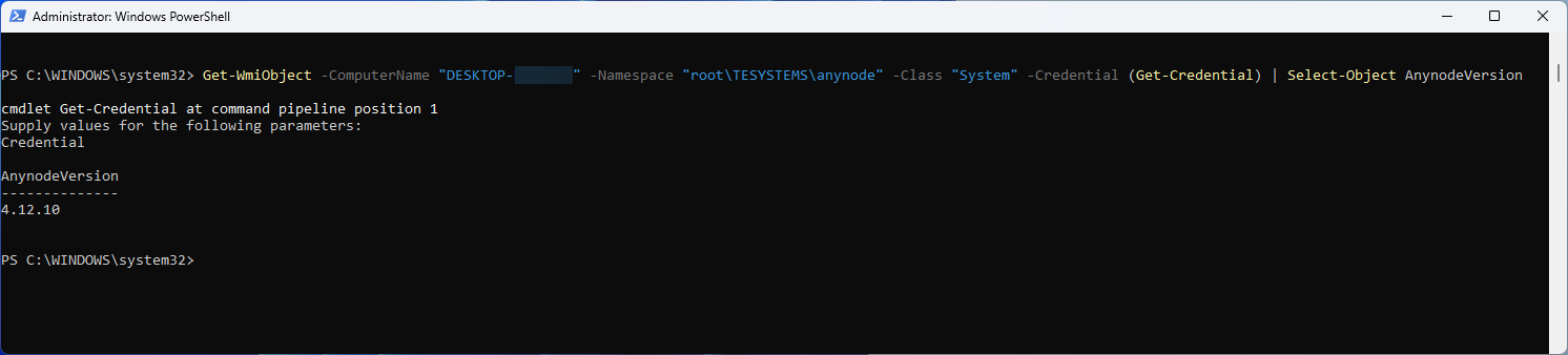 Screenshot: Windows PowerShell WMI remote query for anynode version number.  