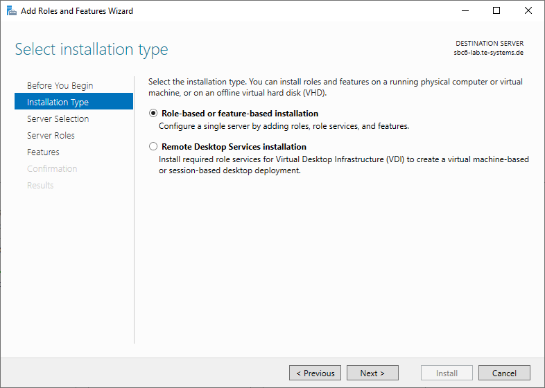 Screenshot: Windows Server 2019 server manager with add roles and features wizard and installation type menu.