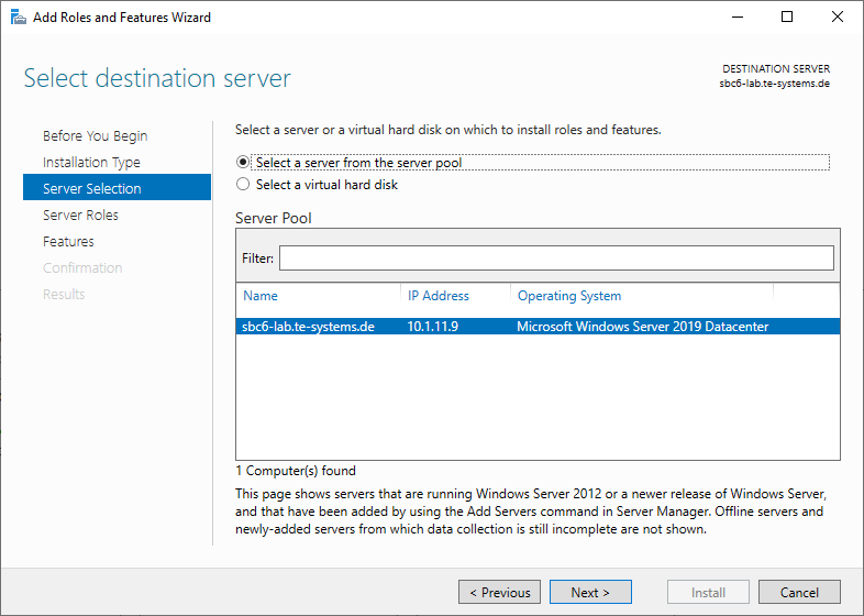 Screenshot: Windows Server 2019 server manager with add roles and features wizard and server selection menu.