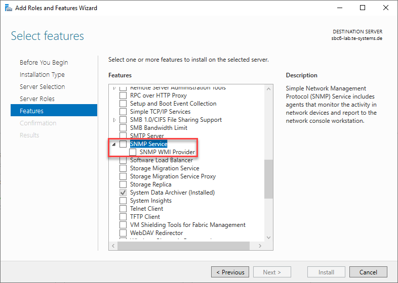Screenshot: Windows Server 2019 server manager with add roles and features wizard and features.