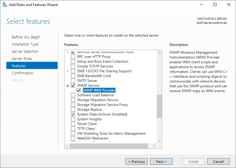 Screenshot: Windows Server 2019 server manager with add roles and features wizard and features menu with selected SNMP service.