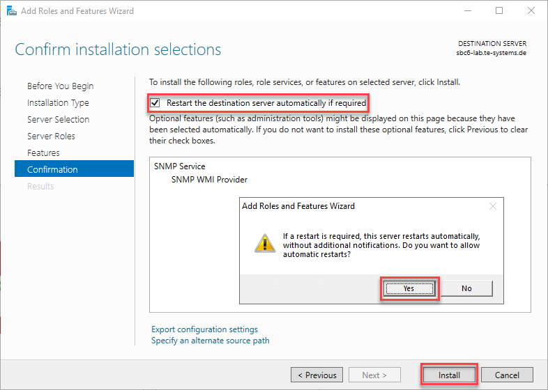 Screenshot: Windows Server 2019 server manager with add roles and features wizard and confirmation menu.