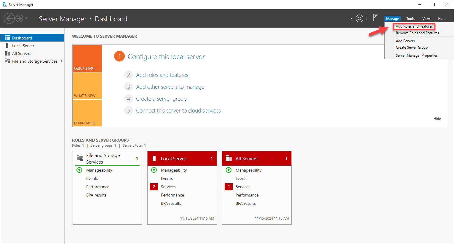 Screenshot: Windows Server 2019 server manager with add roles and features function.
