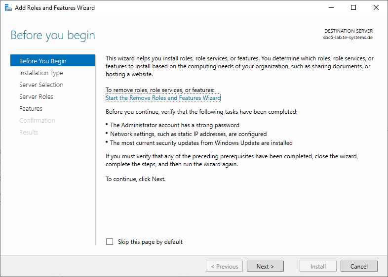 Screenshot: Windows Server 2019 server manager with add roles and features wizard and before you begin instructions.