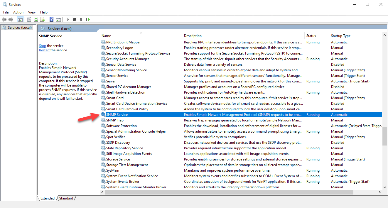 Screenshot: Windows Services list with SNMP Service.