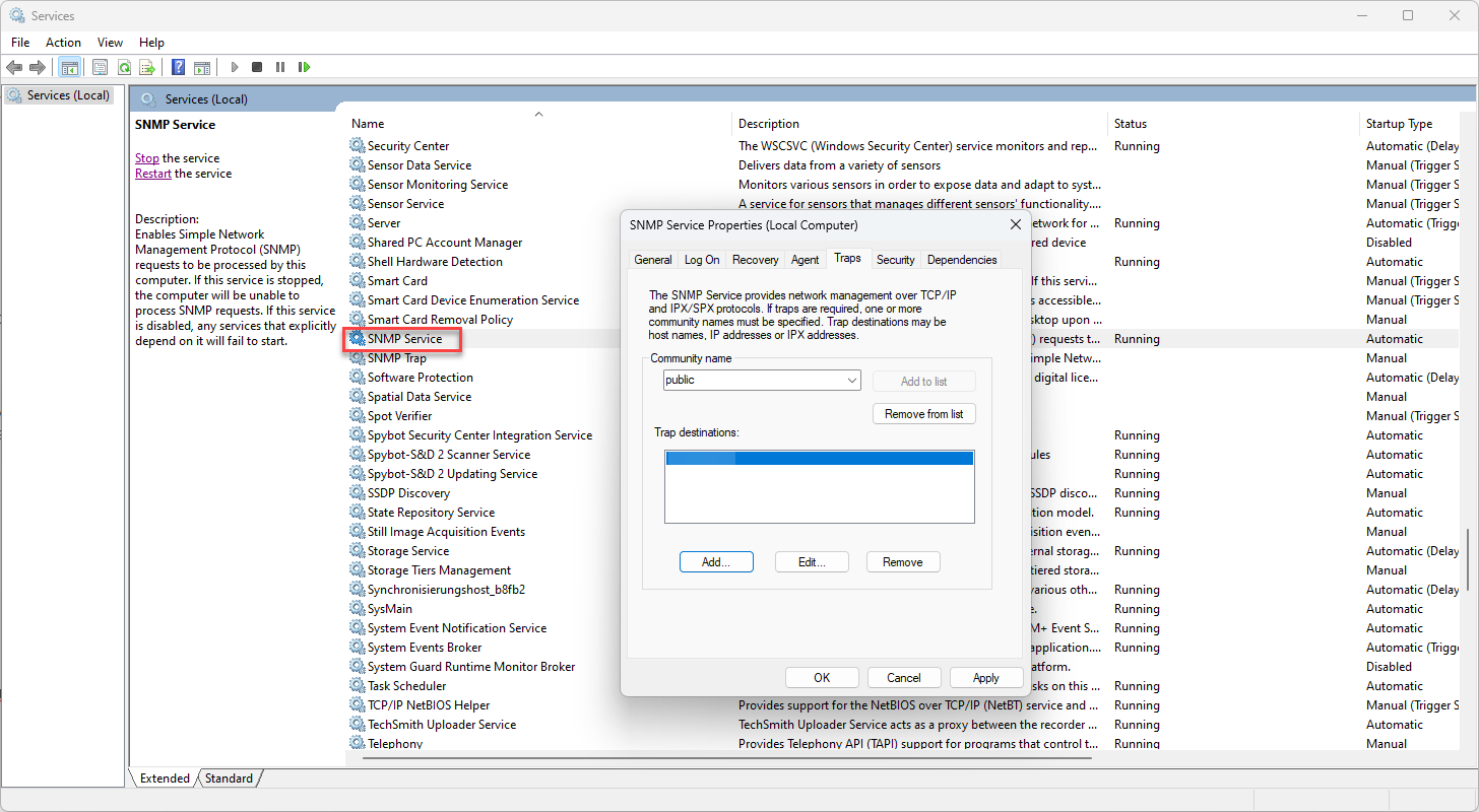 Screenshot: Windows services with SNMP service properties and traps settings.
