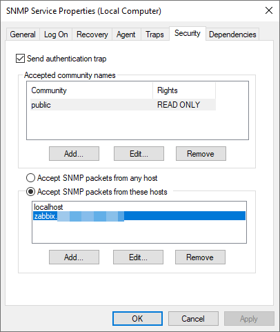 Screenshot: Windows Services with SNMP Service Properties.