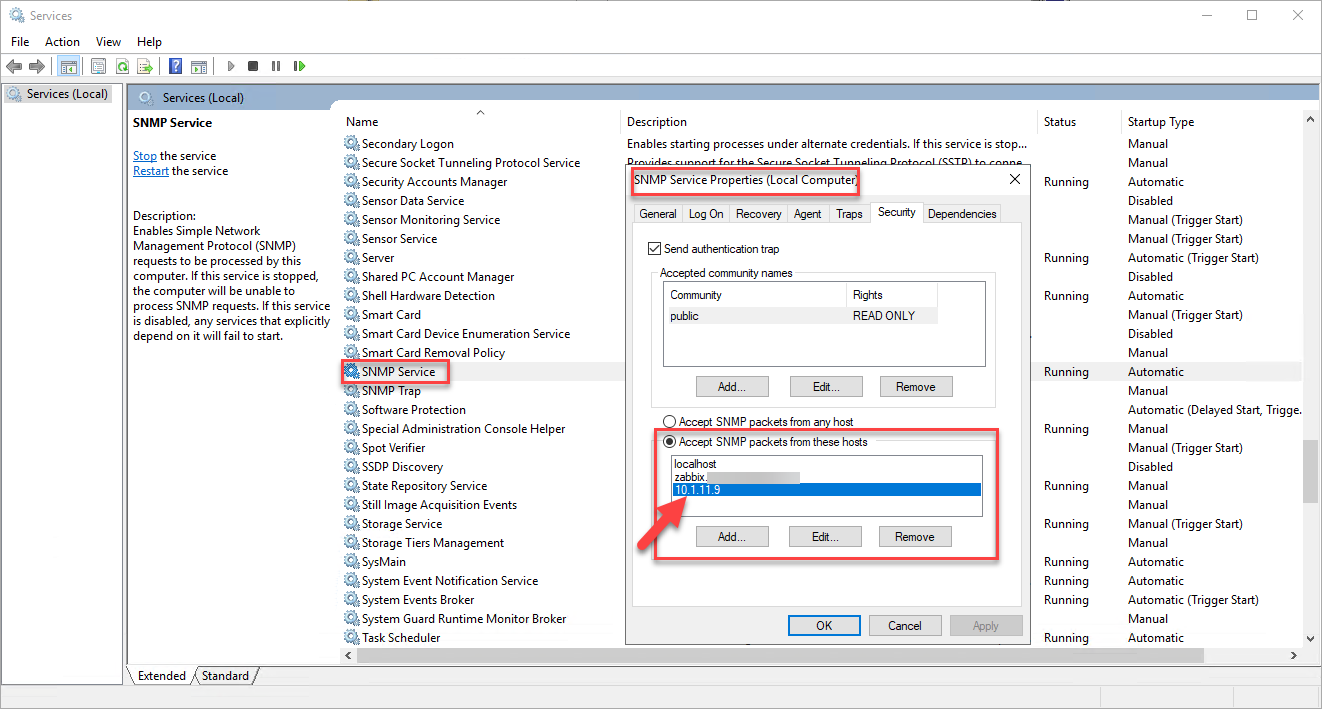  Screenshot: Windows Services with SNMP Service Properties