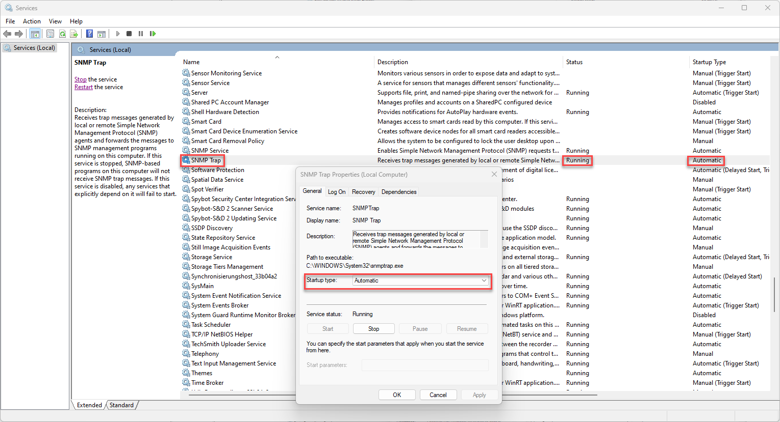Screenshot: Windows services with SNMP Trap service and SNMP Trap properties.