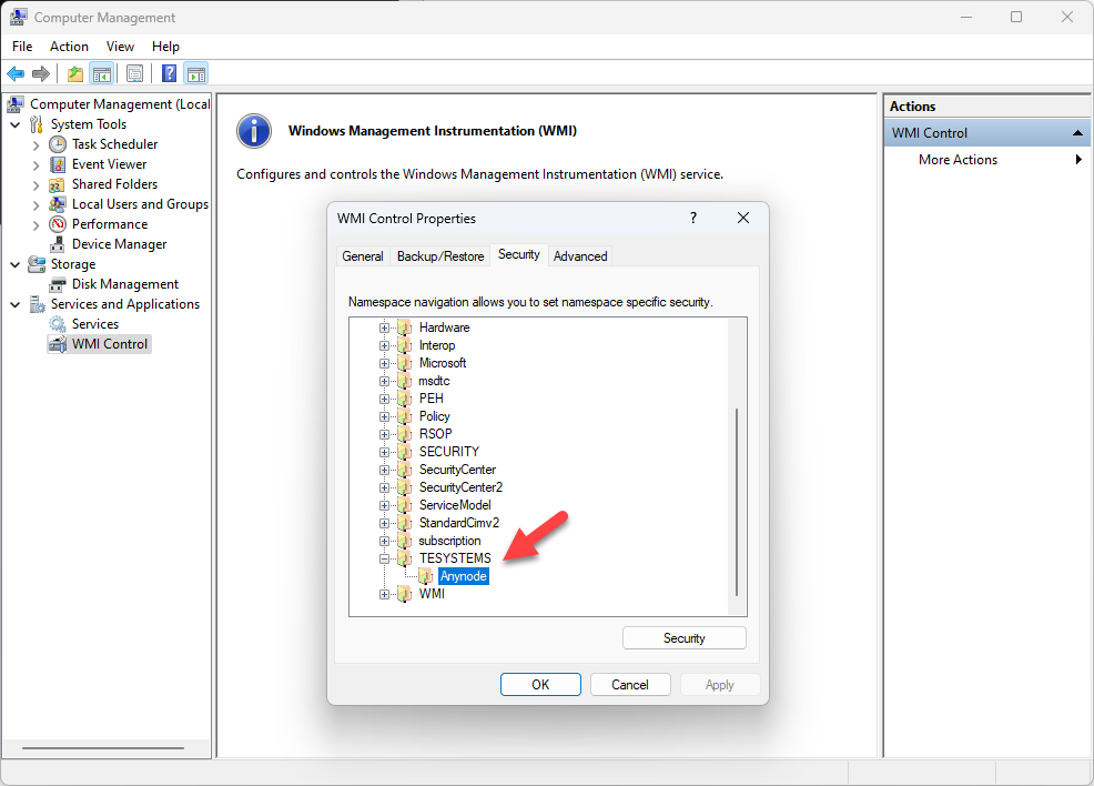 Screenshot: Windows WMI control properties with namespace specific security settings. 
