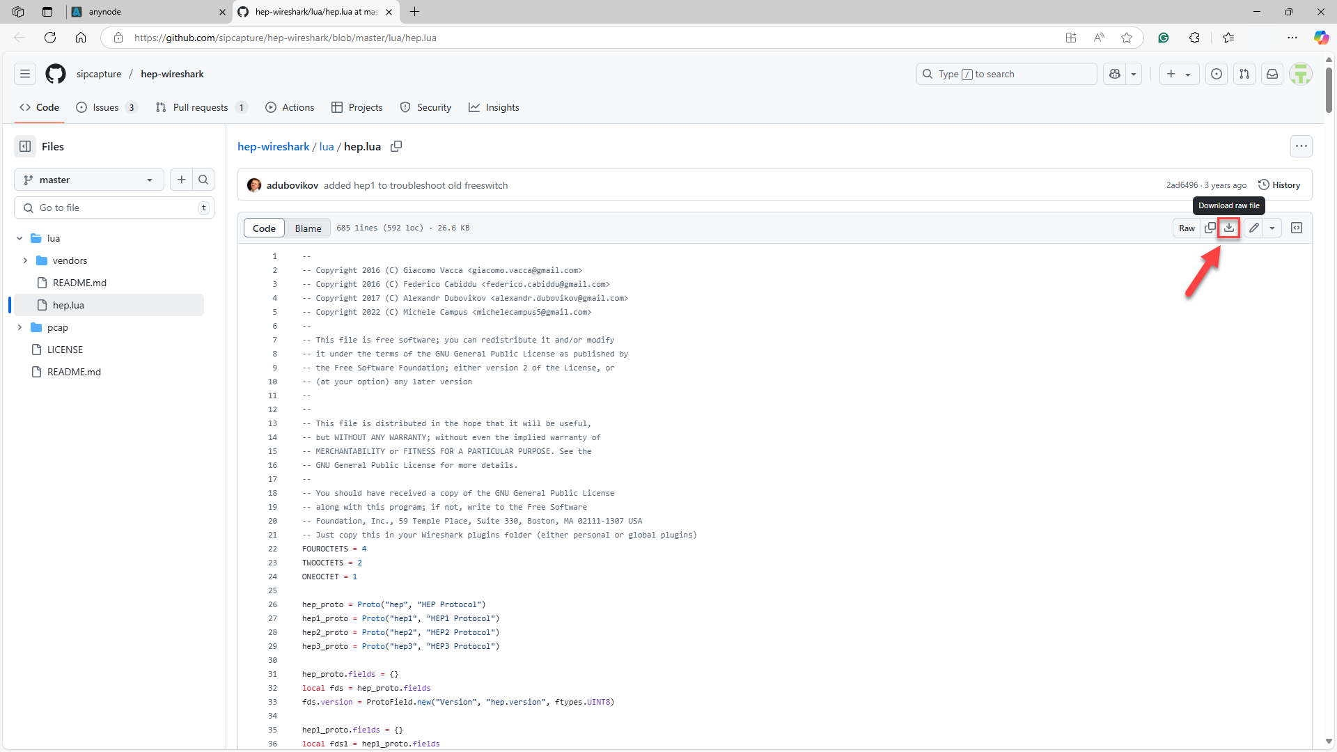Screenshot: Wireshark dissector for HEP protocol plugin download. 