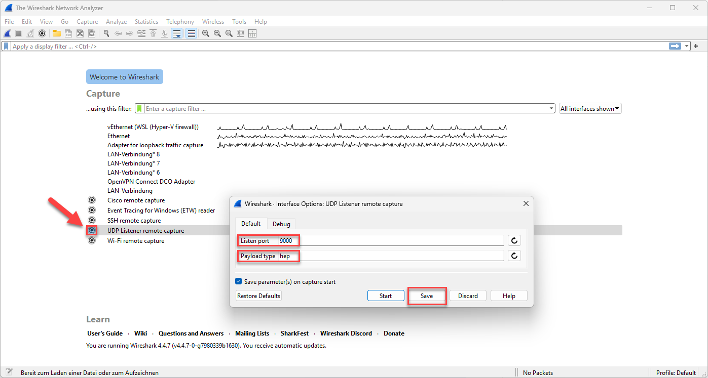Screenshot: Wireshark interface options for UDP listener remote capture. 
