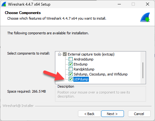  Screenshot: Wireshark setup with selection of components to install