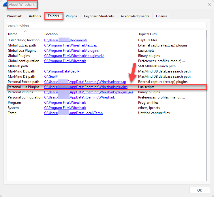  Screenshot: Wireshark with folders list in "About Wireshark".