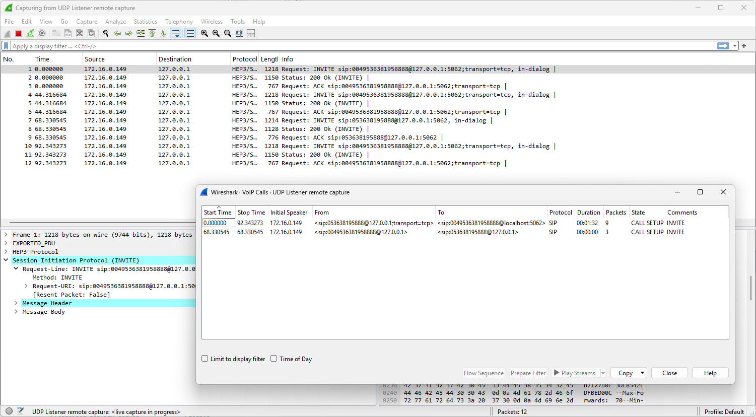 Screenshot: Wireshark with UDP listener remote capture and SIP flow data from anynode.