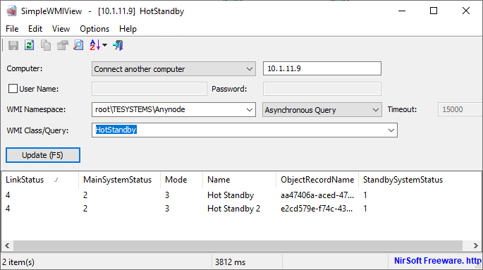Screenshot: WMI HotStandby class query with SimpleWMIView showing active link status from two hot standby objects in the anynode frontend.