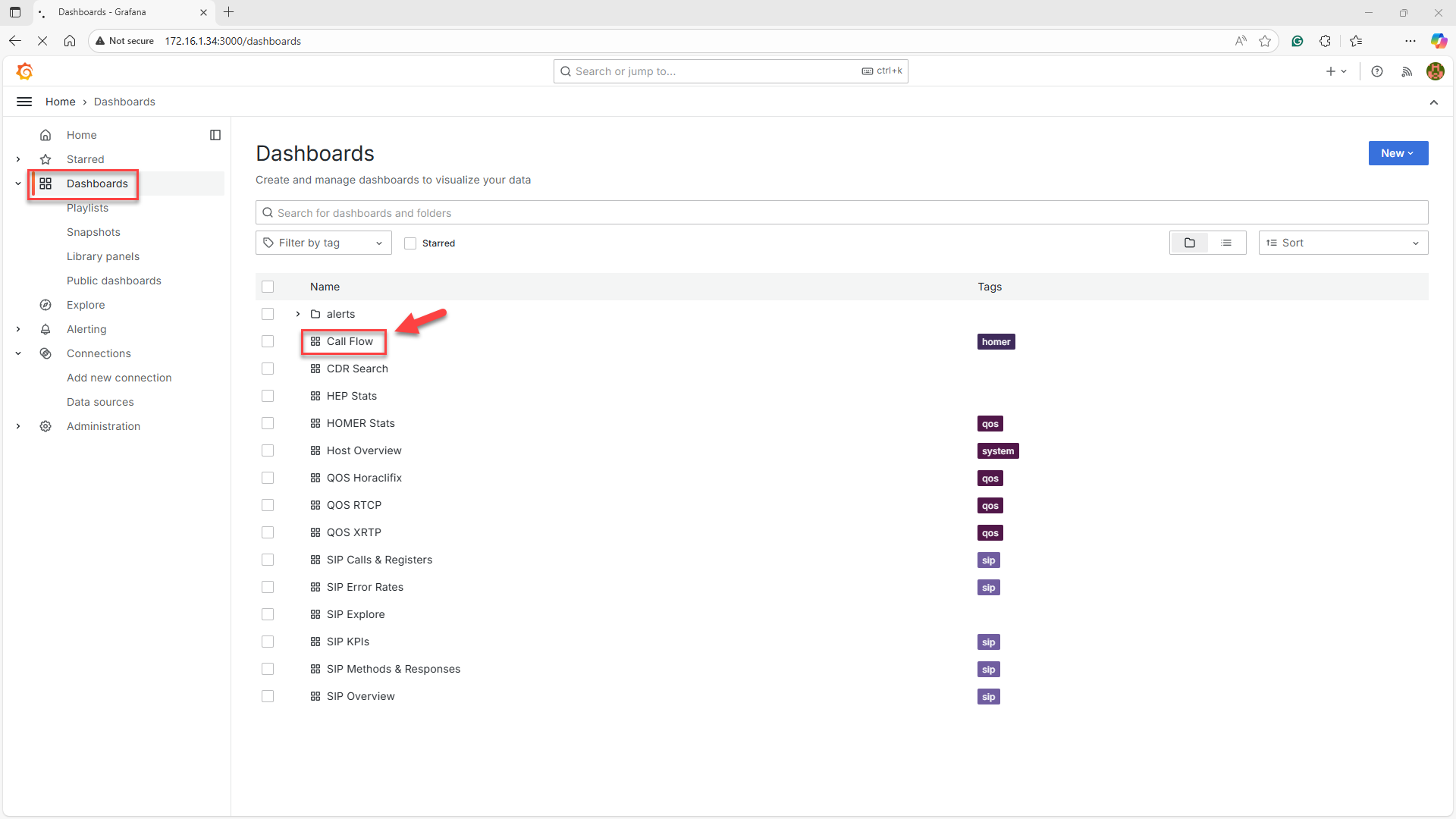 Screnshot: Overview of Homer HEP SIP dashboards.