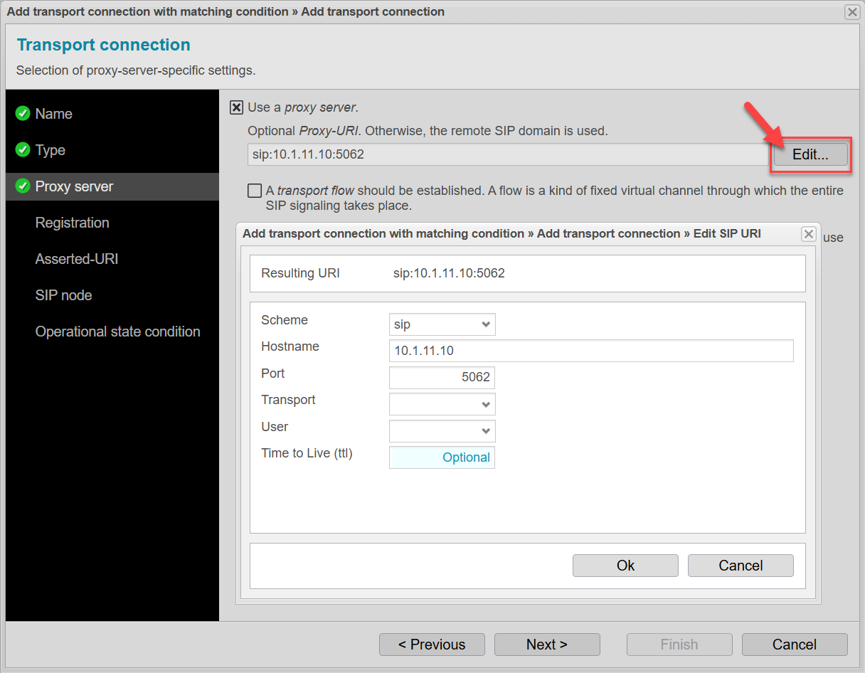 Screenshot: anynode assistant for adding a transport connection with matching conditions and selection of proxy-server-specific settings.