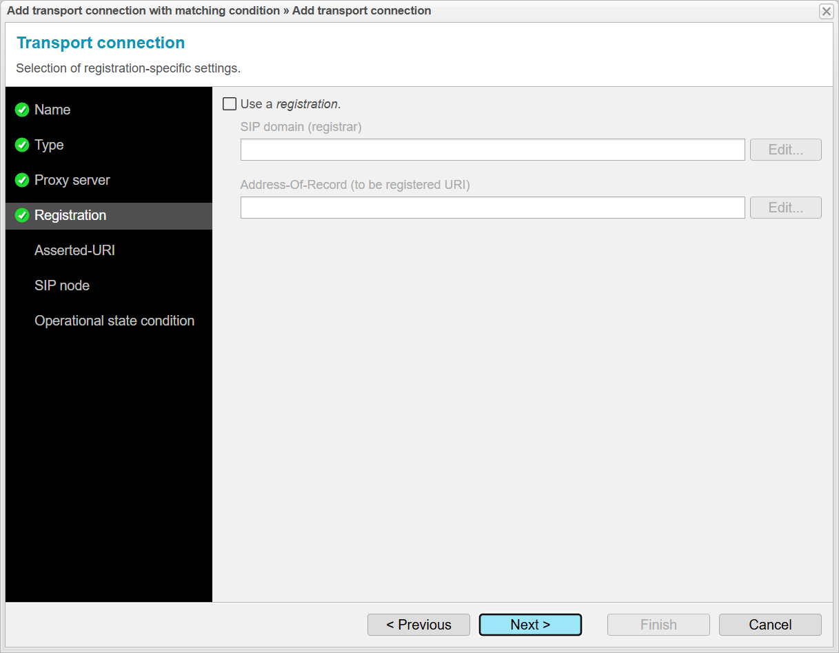Screenshot: anynode assistant for adding a transport connection with matching conditions and selection of registration-specific settings.