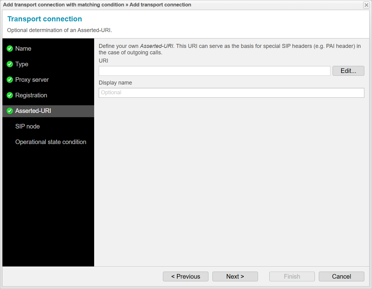Screenshot:  anynode assistant for adding a transport connection with matching conditions and optional determination of an Asserted-URI. 