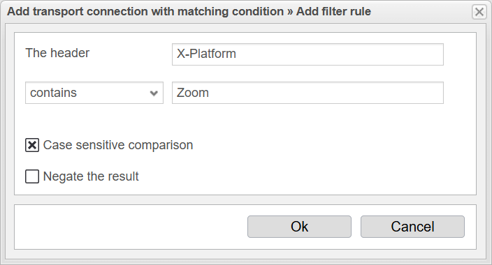 Screenshot:  anynode assistant for adding a transport connection with matching conditions and determination of the condition that decides when this route is applied.  