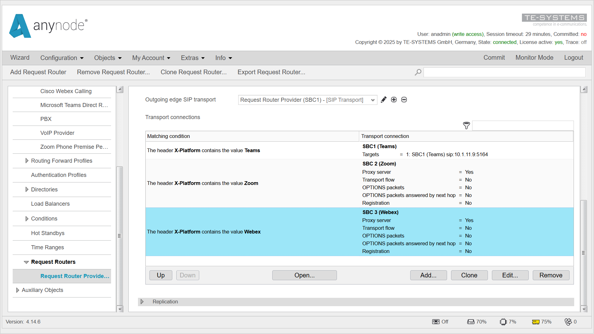Screenshot: anynode frontend showing configured transport connection table. 