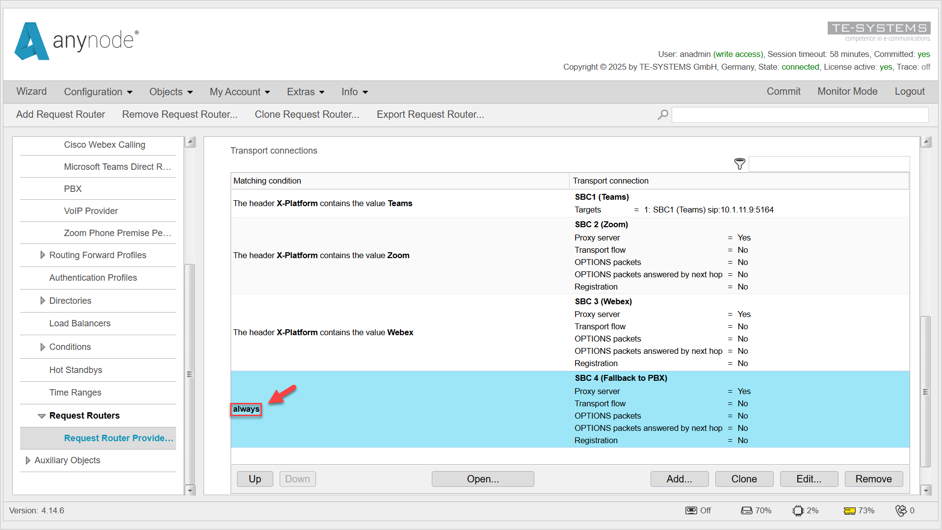 Screenshot: anynode frontend showing configured transport connection table including the fallback route.