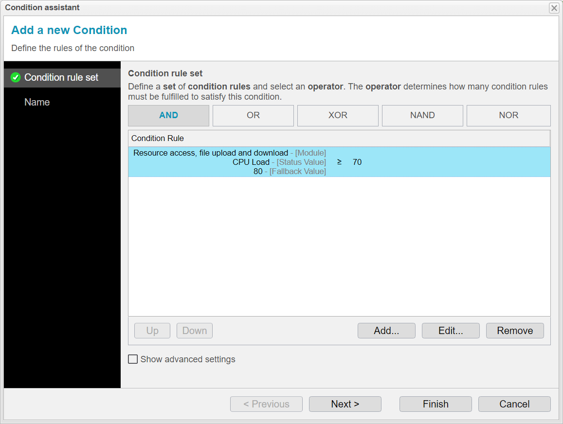 Screenshot: anynode – The Software SBC frontend showing added condition rule set.