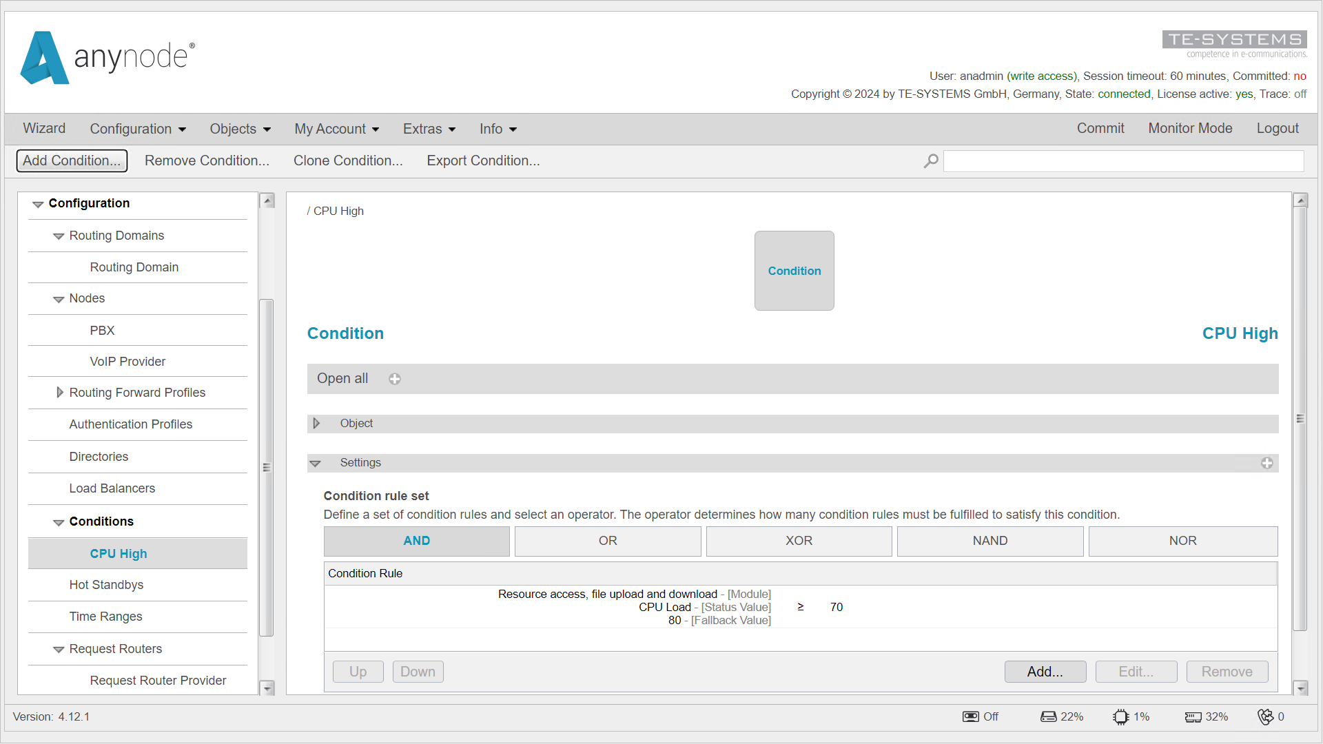 Screenshot: anynode – The Software SBC frontend showing added condition rule set and condition rule set overview.