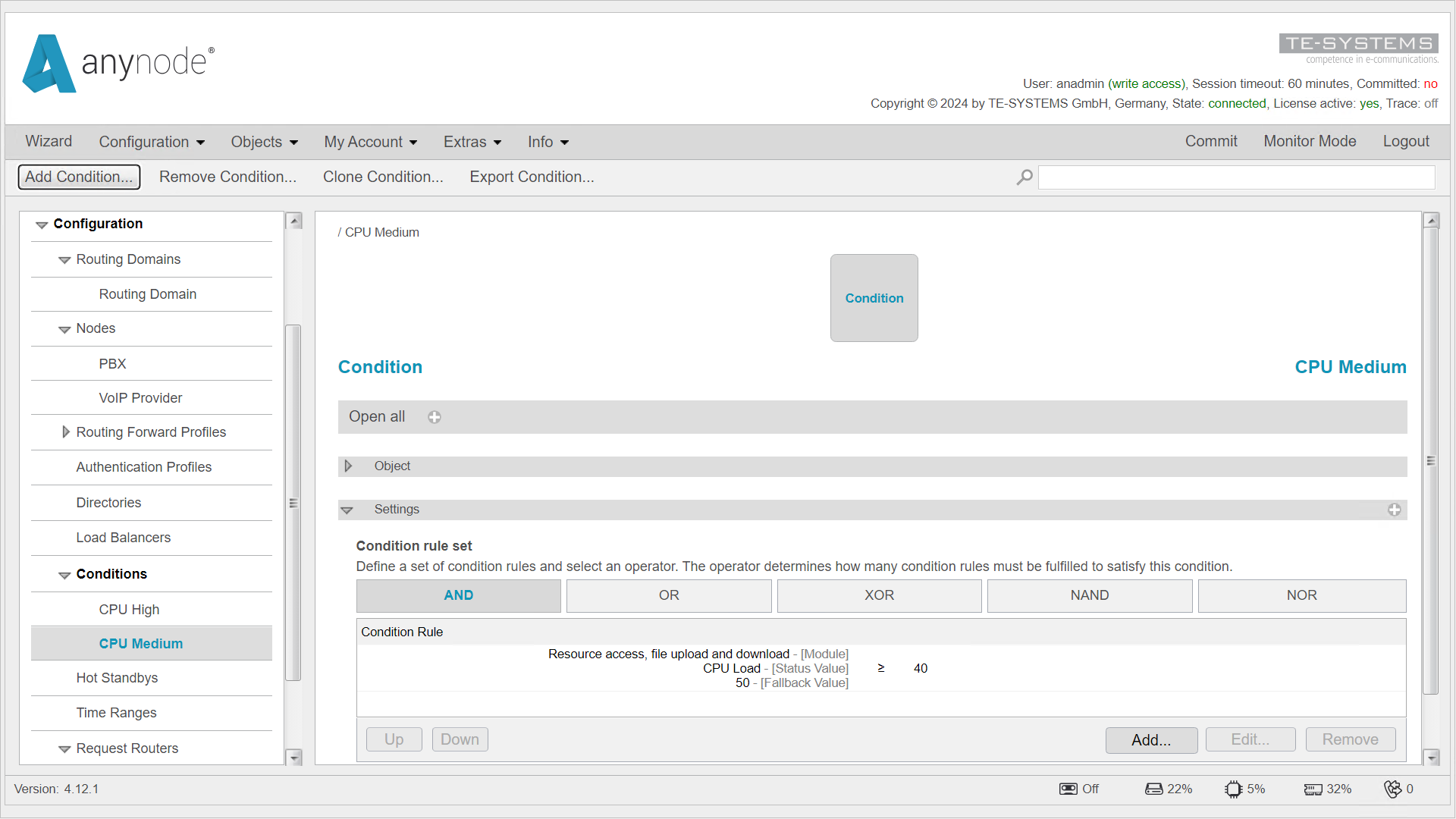 Screenshot: anynode – The Software SBC frontend showing added condition rule set and condition rule set overview.