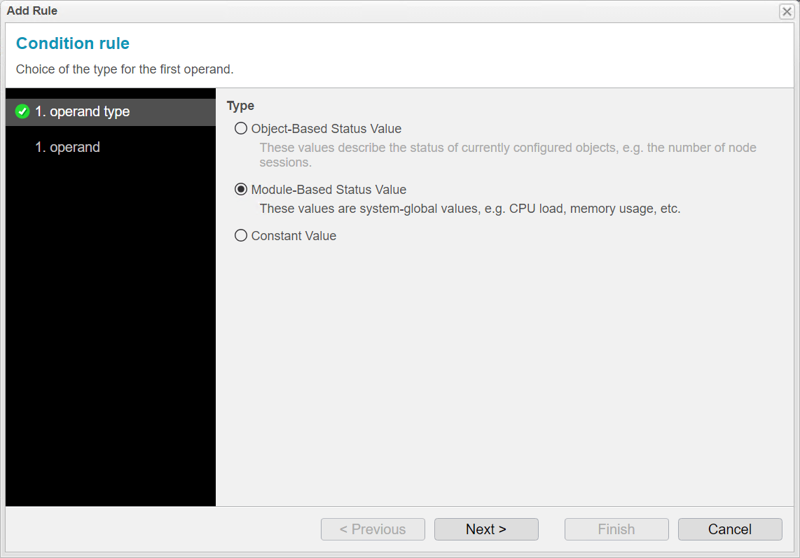 Screenshot: anynode – The Software SBC frontend showing condition assistant with add rule function and first operand type.