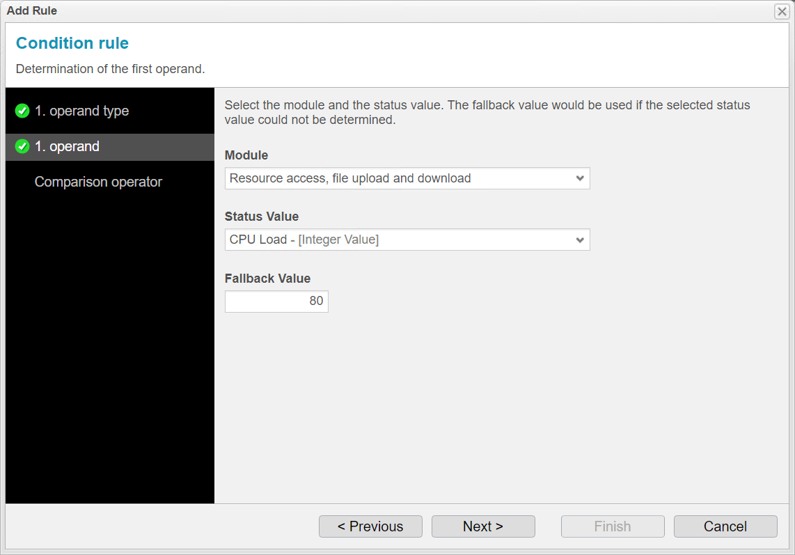 Screenshot: anynode – The Software SBC frontend showing condition assistant with add rule function and first operand type.