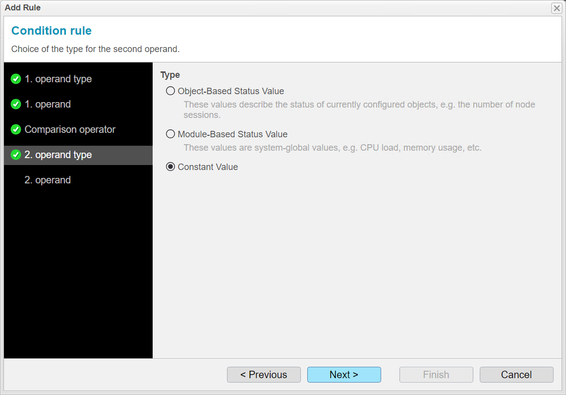 Screenshot: anynode – The Software SBC frontend showing condition assistant with add rule function and second operand type.