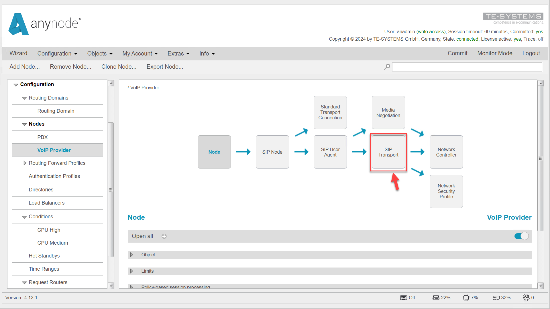 Screenshot: anynode – The Software SBC frontend showing object structure.